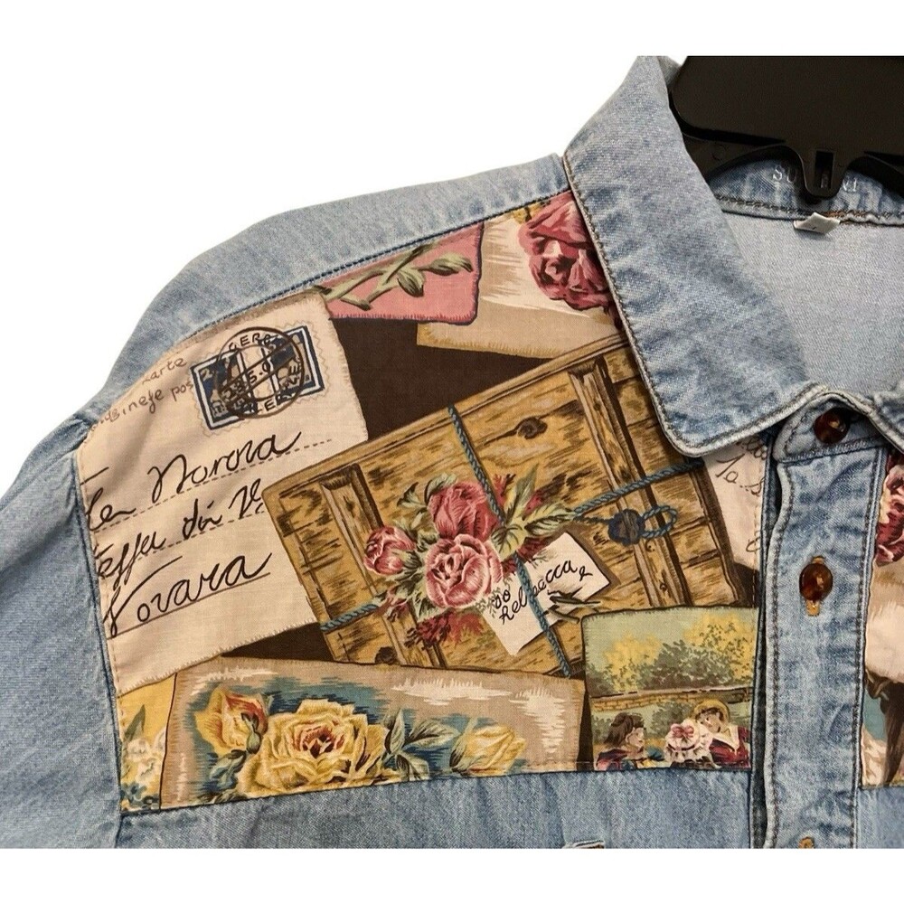 Vtg 90s SUTTINI Blue Denim Patchwork Shirt South Africa Button Up Long Sleeve L - Picture 4 of 11